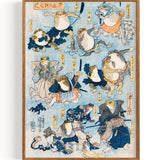 Famous Heroes of the Kabuki Stage Played by Frogs, a woodcut illustration of personified frogs in costume acting out scenes from Kabuki play (1798-1861)